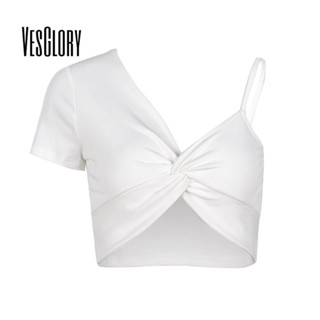 Vesglory เสื้อครอปท็อป คอวี แขนสั้น เข้ารูป สีพื้น แฟชั่นสําหรับผู้หญิง 2023