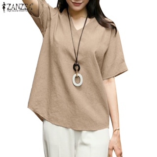 Zanzea เสื้อเบลาส์ คอวี แขนสั้น สีพื้น สไตล์เกาหลี สําหรับผู้หญิง