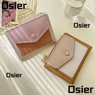 Osier1 กระเป๋าสตางค์ ใบสั้น หนัง PU ขนาดเล็ก มีซิป สีตัดกัน แฟชั่นสําหรับผู้หญิง