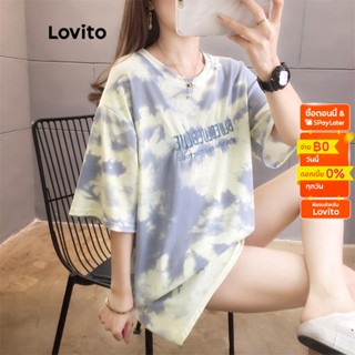 Lovito เสื้อยืดมัดย้อม ปักลาย ทรงหลวม L02005 (Blue)