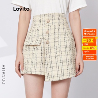 Lovito กางเกงขาสั้นลําลอง ลายสก็อต เอวไม่สมมาตร L29AD069 (สีขาวออฟไวท์)