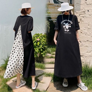 【Dress Oversized】ชุดแม็กซี่เดรส แขนสั้น ลายจุด สไตล์เกาหลี พลัสไซซ์ สําหรับผู้หญิงตั้งครรภ์ 150 กก.