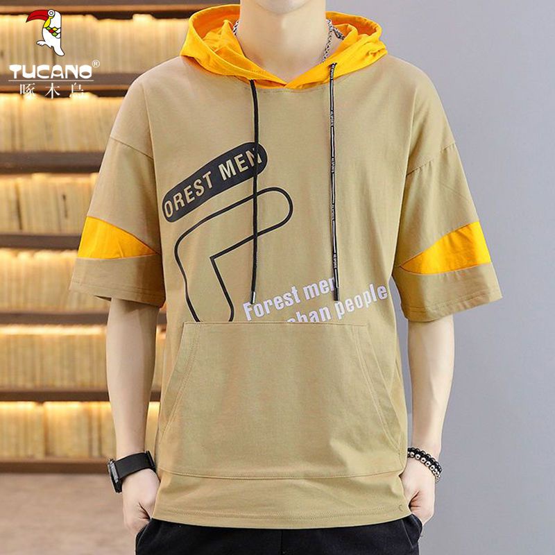 เสื้อยืดแขนสั้น มีฮู้ด 100% เข้ารูป แฟชั่นฤดูร้อน สําหรับผู้ชาย