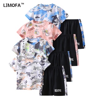 LJMOFA KIDS ชุดเสื้อยืดแขนสั้น กางเกงขาสั้น พิมพ์ลายกราฟฟิติ แฟชั่นฤดูร้อน สําหรับเด็กผู้ชาย ผู้หญิง อายุ 3-12 ปี 2 ชิ้น ต่อชุด