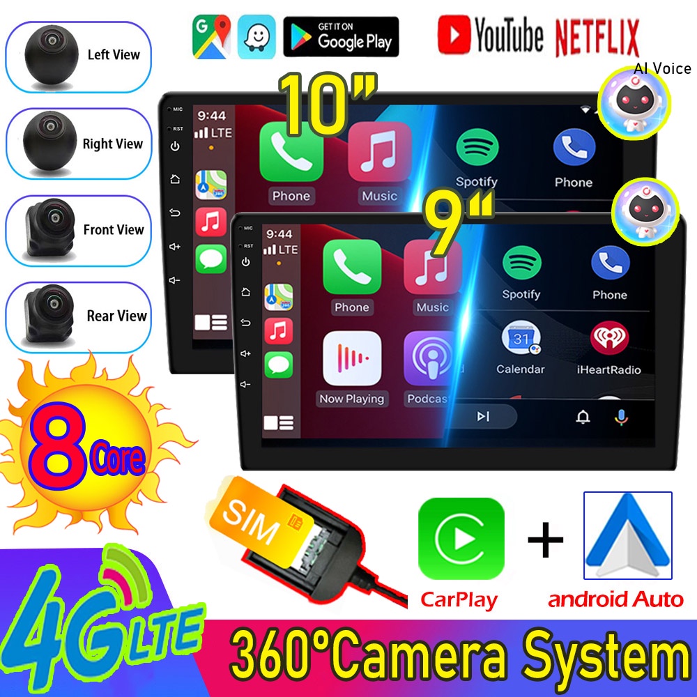 ใหม่ล่าสุด [4G LTE + 8core + กล้อง 360 + AI Voice] เครื่องเล่น Android 4 + 32G 9 นิ้ว 10 นิ้ว (4G LTE + 5G Wifi) หน้าจอสัมผัส 2 Din วิทยุรถยนต์ 4core Waze GPS บลูทูธ หัวมอนิเตอร์รถยนต์