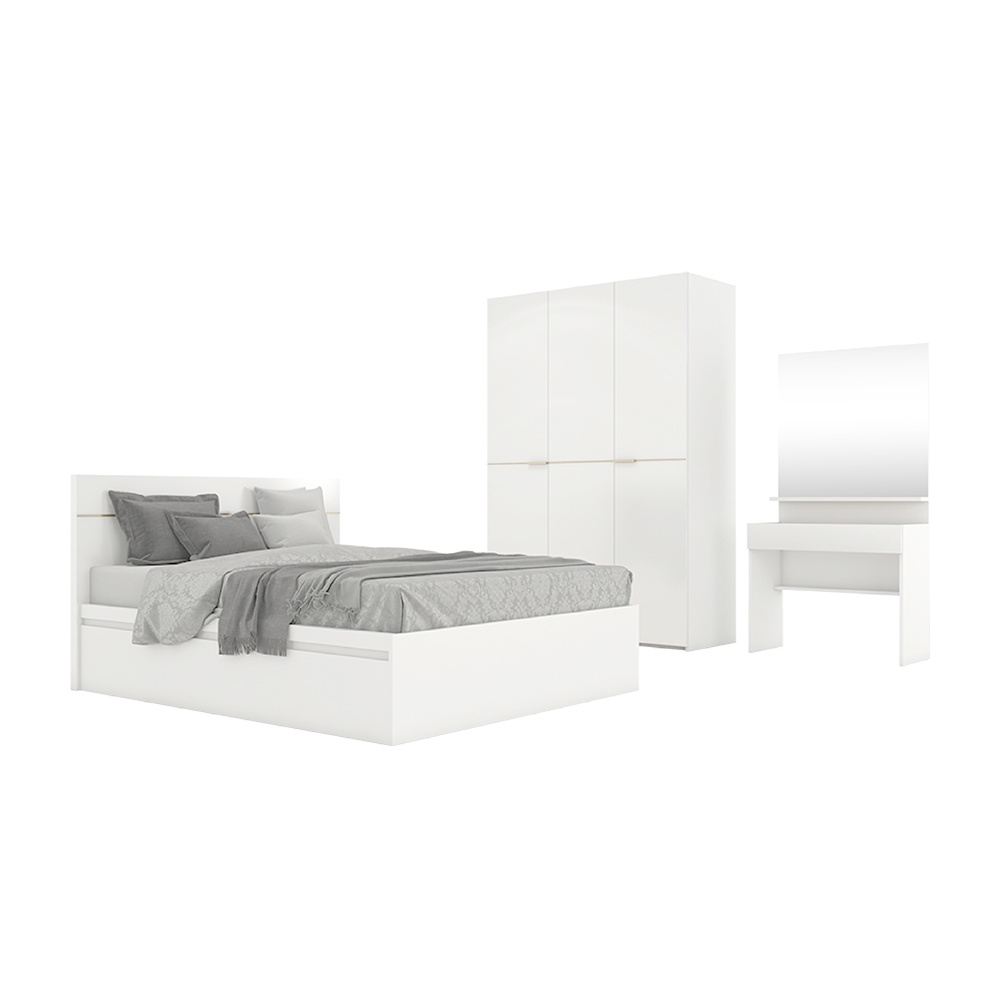 INDEX LIVING MALL ชุดห้องนอน รุ่นบลัง ขนาด 5 ฟุต พื้นเตียง 2 ลิ้นชัก (เตียง, ตู้เสื้อผ้า 3 บาน, โต๊ะเครื่องแป้ง) - สีขาว