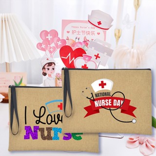 กระเป๋าเครื่องสําอาง กระเป๋าเครื่องเขียน ผ้าลินิน มีซิป พิมพ์ลาย Happy Nurses Day ของขวัญวันพยาบาล