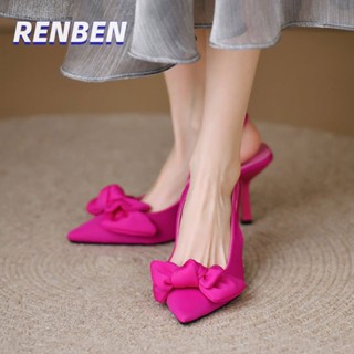 RENBEN ฝรั่งเศสส้นสูงโบว์ผูกรองเท้าแตะผู้หญิงบางส้นแหลมรองเท้าเดียว