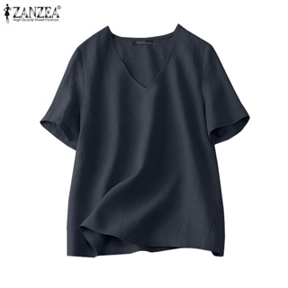 Zanzea เสื้อเบลาส์ คอวี แขนสั้น สีพื้น สไตล์เกาหลี สําหรับผู้หญิง