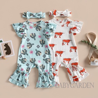 Babygarden-0-24 เดือน เด็กผู้หญิง ฤดูร้อน ลําลอง แขนบิน คอกลม กระบองเพชร / วัว พิมพ์ลาย จั๊มสูท + ที่คาดผม