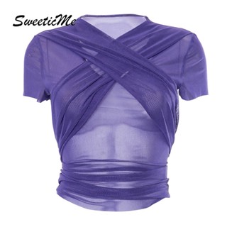 Sweeticme เสื้อยืดแขนสั้น คอวี เข้ารูป สีพื้น แฟชั่นใหม่ สําหรับผู้หญิง 2023