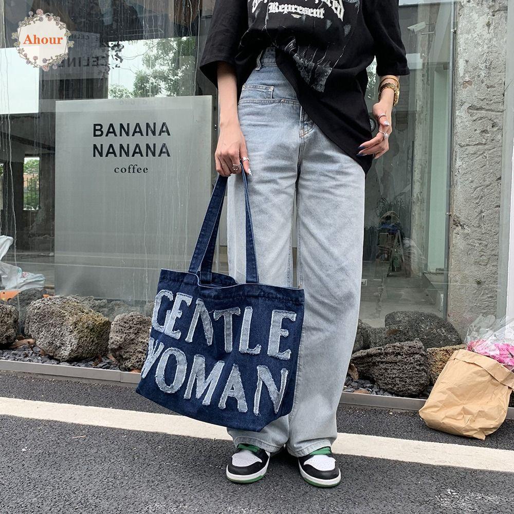 Ahour Gentlewoman กระเป๋าสะพายไหล่ กระเป๋าถือ ผ้ายีน ขนาดใหญ่ จุของได้เยอะ สามารถปรับได้ เหมาะกับของขวัญวันเกิด สําหรับผู้ชาย และผู้หญิง