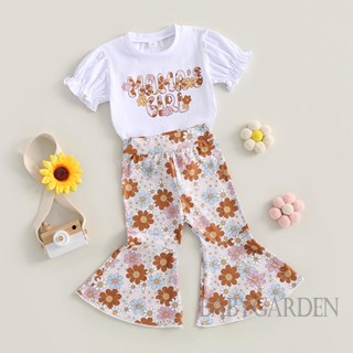 Babygarden-1-6 ปี ชุดเสื้อผ้าเด็กผู้หญิง, เสื้อแขนพัฟสั้น + กางเกงกระดิ่ง ลายดอกไม้