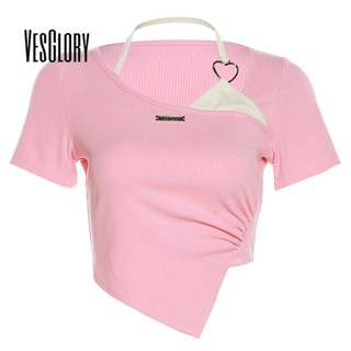 Vesglory เสื้อยืดแขนสั้น คอจับจีบ เข้ารูป สีพื้น แฟชั่นสําหรับผู้หญิง 2023