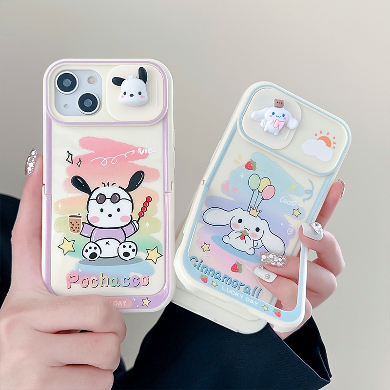 เคสโทรศัพท์มือถือ แบบนิ่ม ลาย Cinnamoroll Pochacco 3D มีขาตั้ง สําหรับ Apple iPhone 14 15 Pro Max 14 Plus 11 12 13 Pro Max 12 Pro Max 13