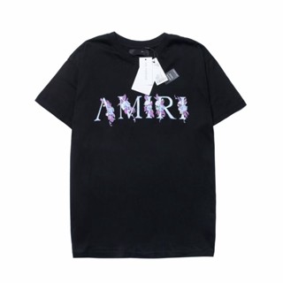 เสื้อยืดแขนสั้น พิมพ์ลายโลโก้ AMIRI ดอกไม้ โมโนแกรม เหมาะกับฤดูร้อน สําหรับผู้ชาย และผู้หญิง