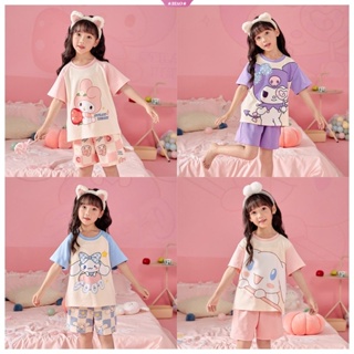 ชุดนอน เสื้อแขนสั้น ลายการ์ตูนอนิเมะ My Melody Kuromi Cinnamoroll Kawaii น่ารัก เหมาะกับฤดูร้อน สําหรับเด็กผู้ชาย และเด็กผู้หญิง