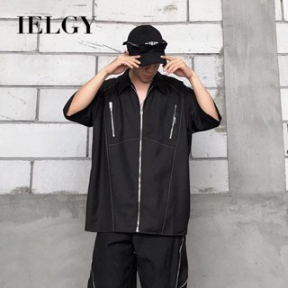 IELGY เสื้อเชิ้ตแขนสั้น มีซิป ทรงหลวม สไตล์อเมริกัน เรโทร สําหรับผู้ชาย