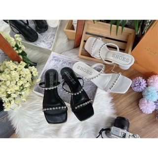 SH019-ส้นสูงเพชรหรูหรา2สาย-ส้นกลม สกรีนSHOES