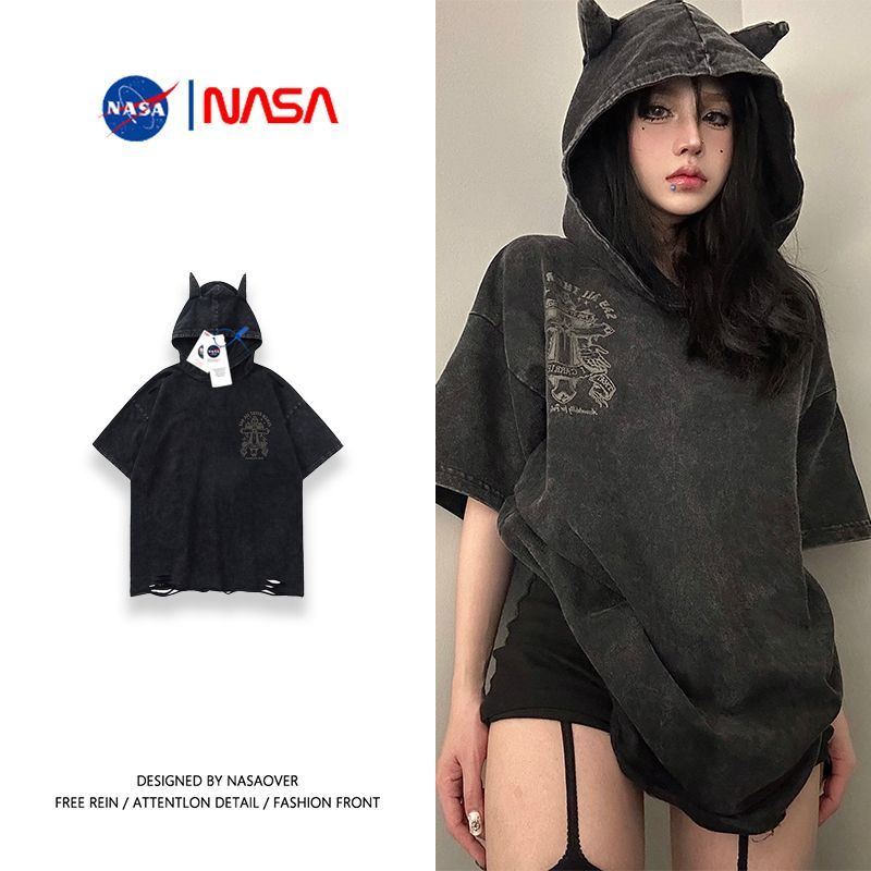 X- เสื้อยืดแขนสั้น มีฮู้ด ลายปีศาจน้อย สไตล์ฮิปฮอป สตรีท เหมาะกับฤดูร้อน สําหรับผู้หญิง 2023