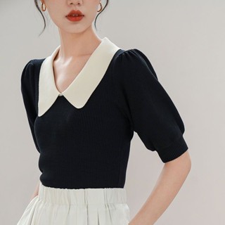 Retro French bubble-sleeved knitted blouse woman with a slim short doll collar short-sleeved T-shirt women spring and summer