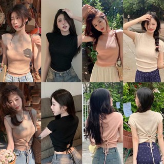 เสื้อครอปแขนสั้นลําลอง ผ้าถัก เข้ารูป สีพื้น สําหรับผู้หญิง