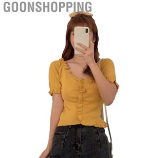 Goonshopping Short Sleeve Shirt  Fashionable Pure Color Pure Color Frill Trim Top Casual Soft Elegant  for Lady for Shopping