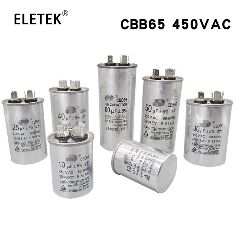 ตัวเก็บประจุมอเตอร์เครื่องปรับอากาศคอมเพรสเซอร์ CBB65 AC 450VAC 5UF 6UF 15uF 20uF 25uF 30uF 35uF 40u