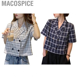 Macospice Women Plaid Short Shirt  Simple Style Short Sleeves Plaid Shirt Breathable  for Daily Wear