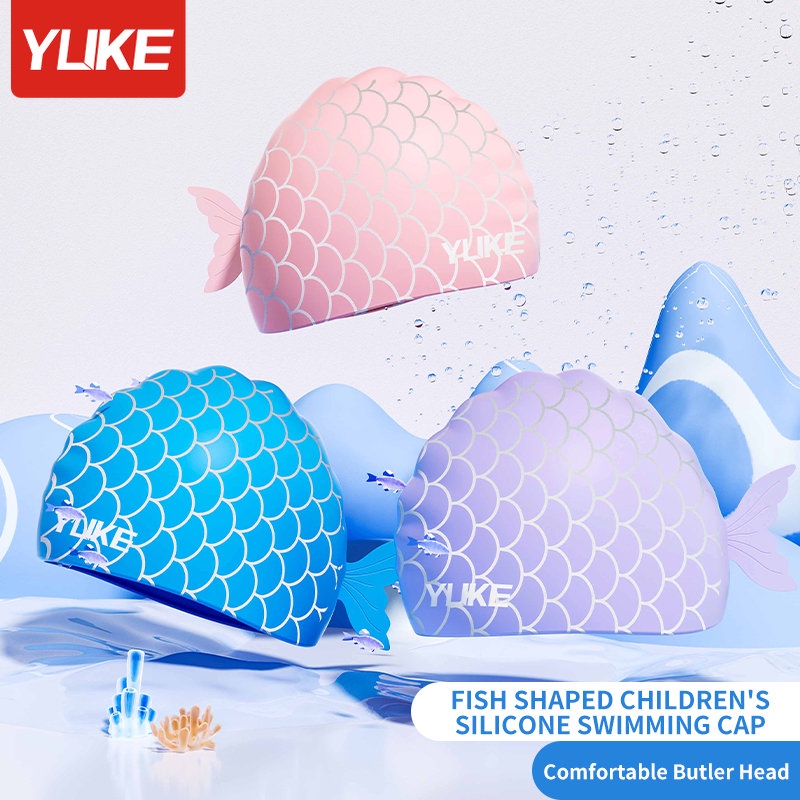 หมวกว่ายน้ำ YUKE หมวกว่ายน้ำกันน้ำลายการ์ตูนเด็กผู้ชายน่ารักสำหรับเด็ก ซิลิโคนป้องกันหู หมวกว่ายน้ำเด็กผู้หญิง