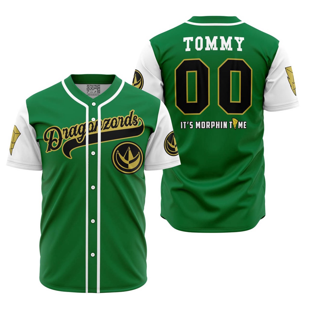 เสื้อกีฬาเบสบอล ลายทีม Dragonzords Tommy Oliver Power Rangers สีเขียว