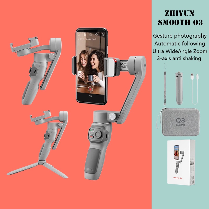 Zhiyun Smooth Q3 สมาร์ทและสะดวกสบาย 3 แกนโทรศัพท์มือถือ PTZ Stabilizer Selfie vlog ป้องกันการสั่นสะเทือนวิดีโอสั้น Gimbal (ไฟ LED)
