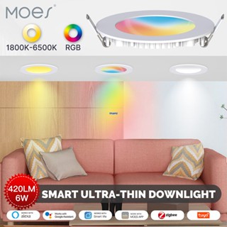 Zigbee Tuya ไฟ LED ดาวน์ไลท์ 6W RGB อบอุ่นและเย็น แอพจับเวลา รีโมตคอนโทรล สปอตไลท์ แบบบาง แผงไฟบ้านอัจฉริยะ หลอดไฟ โคมไฟ