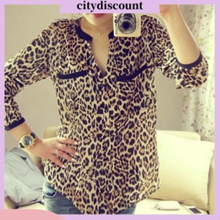 &lt;citydiscount&gt; เสื้อเชิ้ต แขนยาว ผ้าชีฟอง พิมพ์ลายเสือดาว ทรงหลวม มีกระเป๋า ติดกระดุม สําหรับผู้หญิง