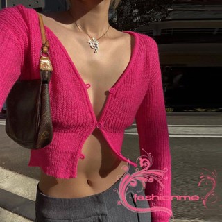 Fashionme- เสื้อคาร์ดิแกนแขนยาว คอวี ผ้าถัก แต่งกระดุม สีแดง สําหรับผู้หญิง