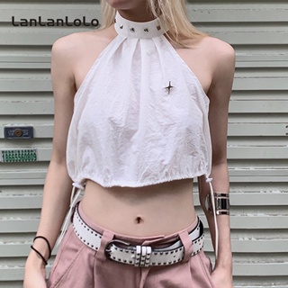 Lanlanlolo เสื้อกล้าม แขนกุด แบบผูกเชือก โลหะ สีพื้น สําหรับผู้หญิง 2023