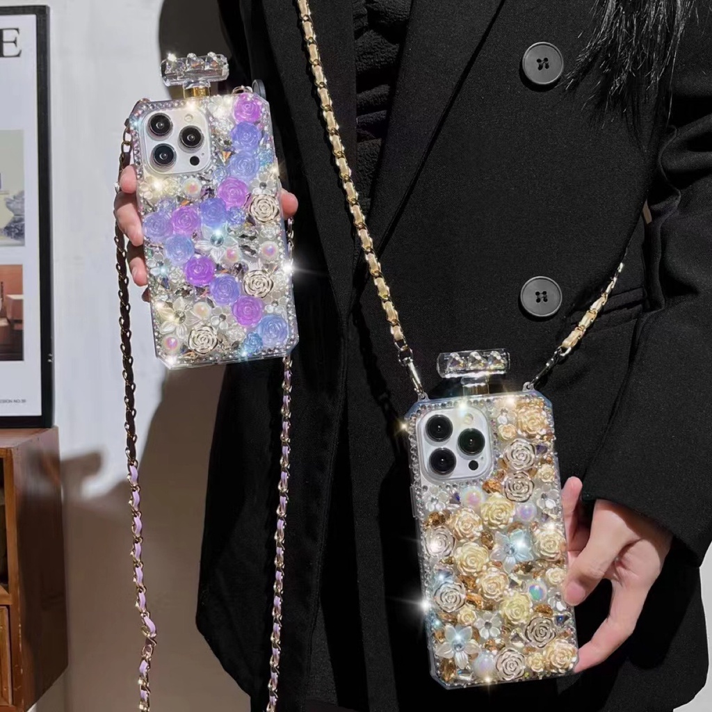 เคสติดเพชร เคส iPhone เคสโทรศัพท์ แอปเปิ้ล14 pro max เคสกันกระแทก เคสโทรศัพท์ซิลิโคน แบบนิ่ม ลายขวดน้ําหอม ประดับเพชรเทียม มีสายคล้อง สําหรับ Apple IPhone 16 pro max 15 Pro Max 15 14 16 Plus 14 Pro Max 13 Pro Max 11 12 ProMax X XR XS Max Case