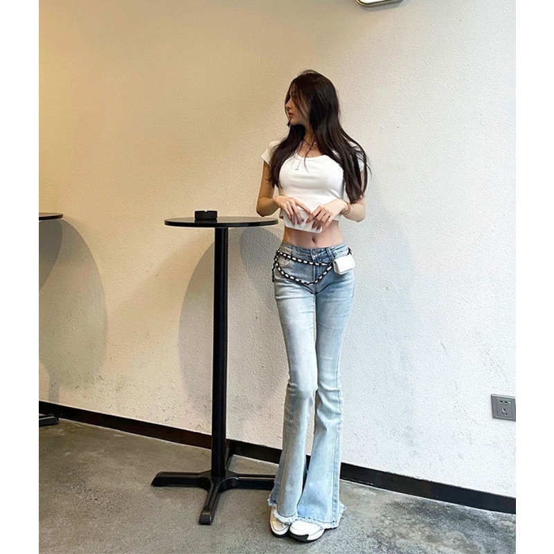 กางเกงยีนขาบาน เอวต่ํา ทรงสกินนี่ เอวต่ํา พร้อมกระเป๋า สีฟ้า สําหรับผู้หญิง Y2k - รูปที่ 3