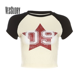 Vesglory เสื้อครอปท็อป คอกลม แขนสั้น พิมพ์ลายตัวอักษร สีตัดกัน สําหรับผู้หญิง 2023