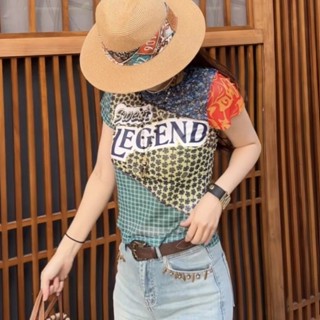 Milyfashion เสื้อยืดแขนสั้น ผ้าโปร่ง พิมพ์ลาย ทรงสลิมฟิต แฟชั่นฤดูร้อน 2023