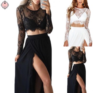 Women Lace Mesh See Through Sheer Long Sleeves Crop Tops Short Blouse T-shirt