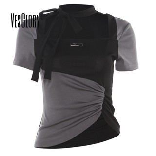 Vesglory เสื้อครอปท็อป แขนสั้น คอสี่เหลี่ยม พิมพ์ลายตัวอักษร สีตัดกัน สําหรับผู้หญิง 2023