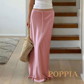 Poppia- กระโปรงยาว ผ้าซาติน ยืดหยุ่น สีพื้น แฟชั่นฤดูร้อน สําหรับผู้หญิง ไปคลับ ชายหาด