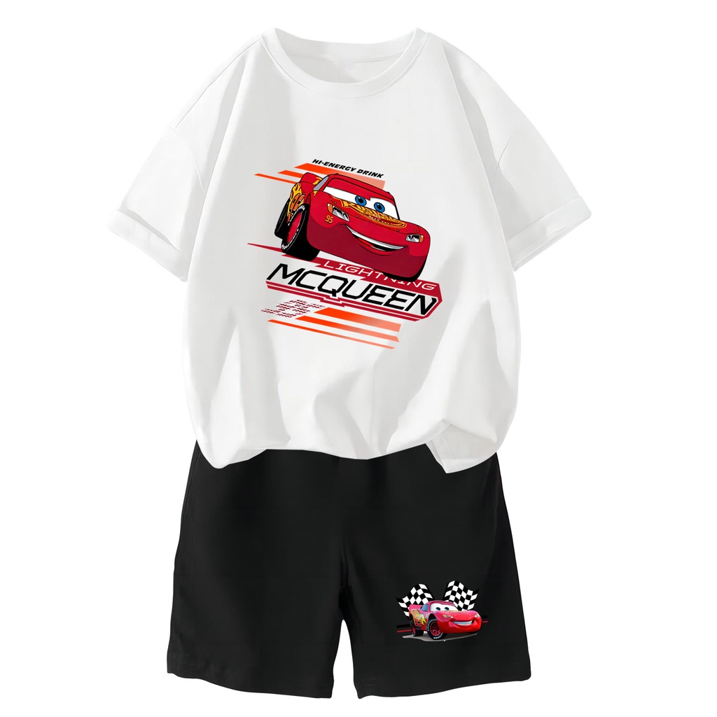 เสื้อยืดแขนสั้น ผ้าฝ้าย พิมพ์ลายการ์ตูน Lightning McQueen และกางเกงขาสั้น แฟชั่นฤดูร้อน สําหรับเด็กผู้ชาย จํานวน 2 ชิ้น 2 ชิ้น
