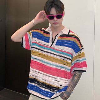 เสื้อยืดโปโล แขนสั้น ลายทาง ทรงหลวม แบบลําลอง แฟชั่นเกาหลี สําหรับผู้ชาย