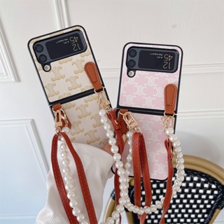 เคสโทรศัพท์มือถือหนัง PU กันกระแทก พร้อมสายคล้อง ประดับมุก หรูหรา สําหรับ Samsung Galaxy Z Flip 4 Z Flip 3 5G Z Flip 4 Zflip3 Z Flip4 Z Flip 3