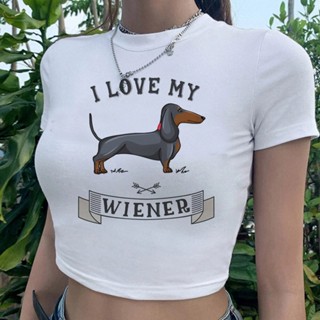 Dachshund 90s เสื้อครอปแฟชั่นเกาหลี ผู้หญิง แฟชั่นเกาหลี โกธิค นางฟ้า เสื้อผ้า