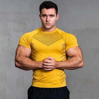 Sports T-shirt Mens Summer Quick-Drying Stretch Wait Lifting Tight American Training Wear round Neck Outdoor Running Workout Clothes ejhX