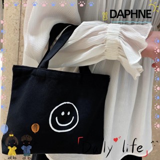 Daphne กระเป๋าถือ ผ้าแคนวาส ขนาดเล็ก ลายหน้ายิ้ม ใช้ซ้ําได้ สีขาว สําหรับผู้หญิง