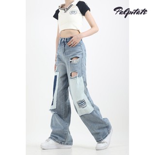 PALPITATE รูระบายดีไซน์เก๋ ตีสีดาเมจ แพทช์ตรง กางเกงยีนส์ผู้หญิงแนวสตรีทหลวมๆ
